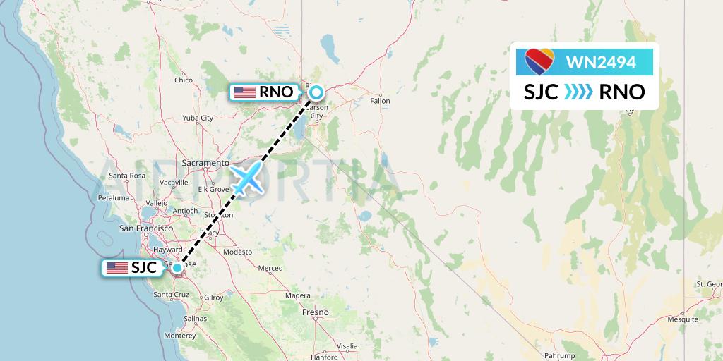 WN2494 Southwest Airlines Flight Map: San Jose to Reno