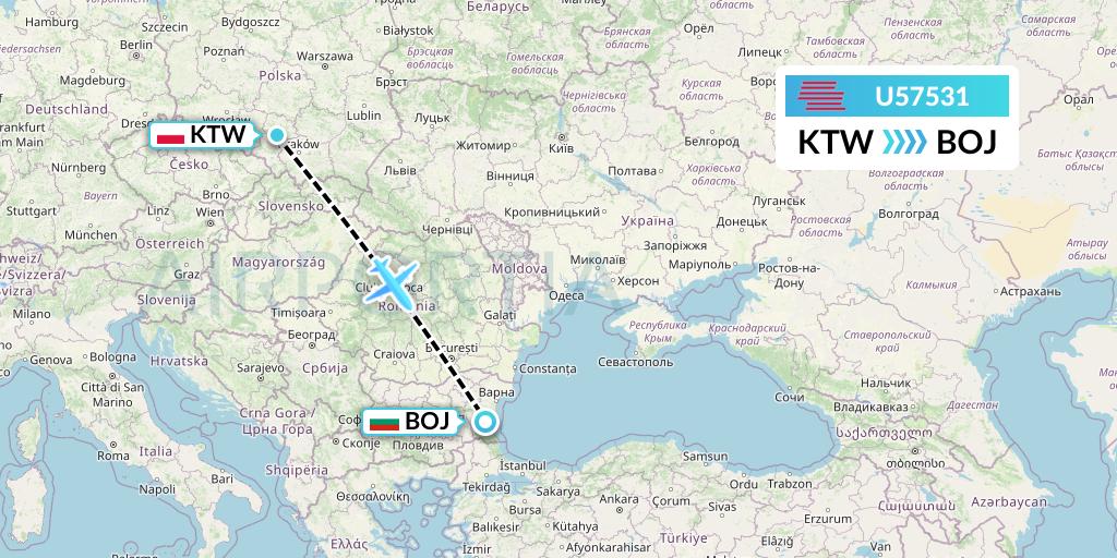 U57531 Karinou Airlines Flight Map: Katowice to Burgas