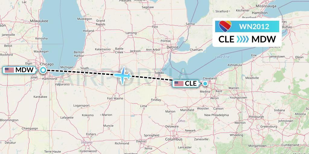 WN2012 Southwest Airlines Flight Map: Cleveland to Chicago