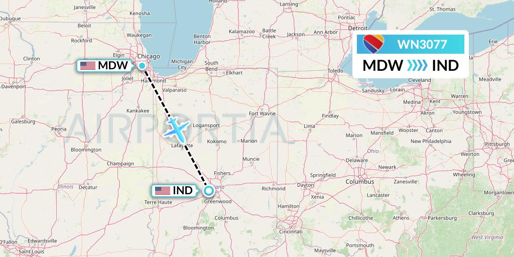 WN3077 Southwest Airlines Flight Map: Chicago to Indianapolis
