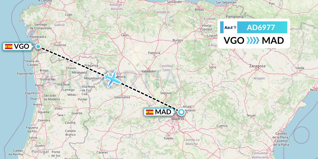 AD6977 Azul Brazilian Airlines Flight Map: Vigo to Madrid