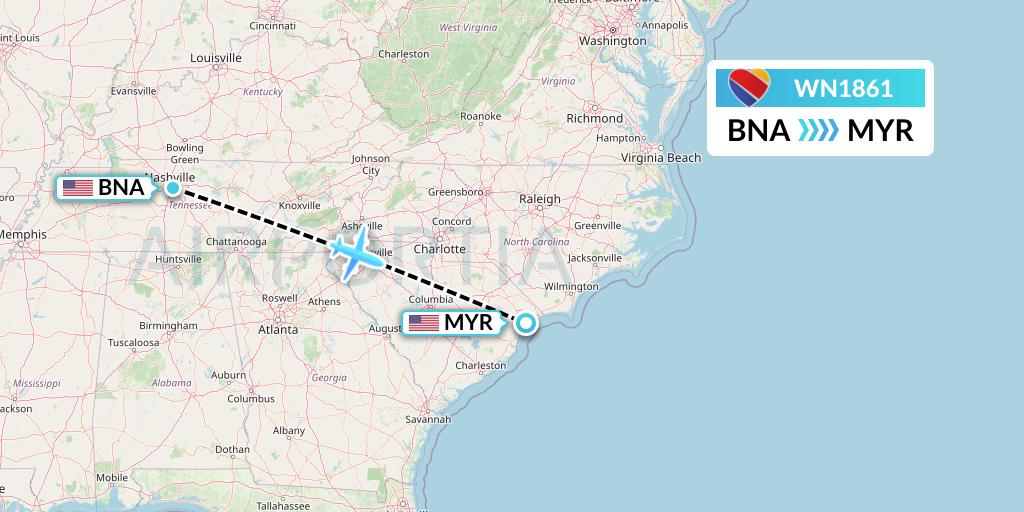 WN1861 Southwest Airlines Flight Map: Nashville to Myrtle Beach