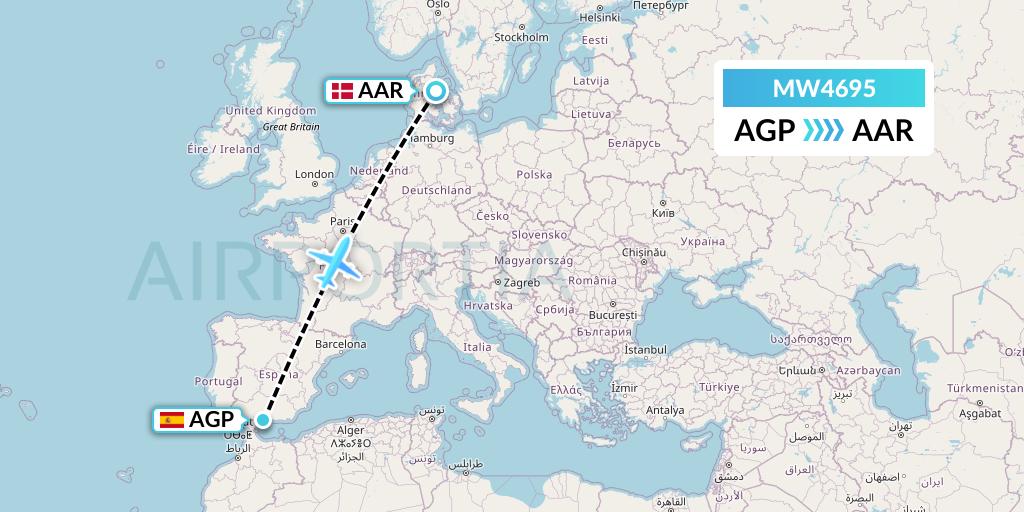 MW4695 Mokulele Flight Service Flight Map: Malaga to Aarhus