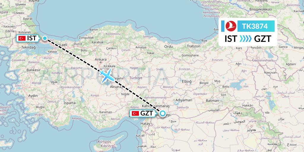 TK3874 Turkish Airlines Flight Map: Istanbul to Gaziantep