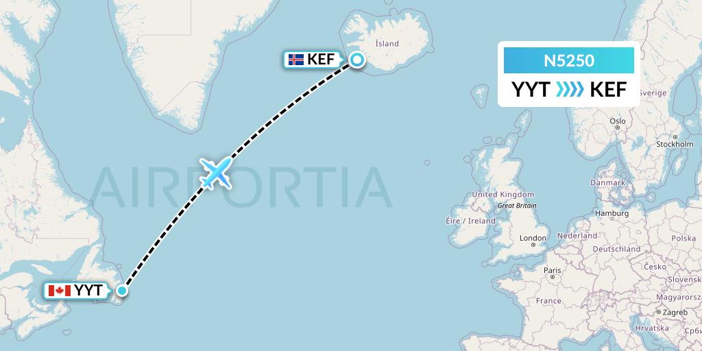 N5250 Nolinor Aviation Flight Map: St. John's to Reykjavik
