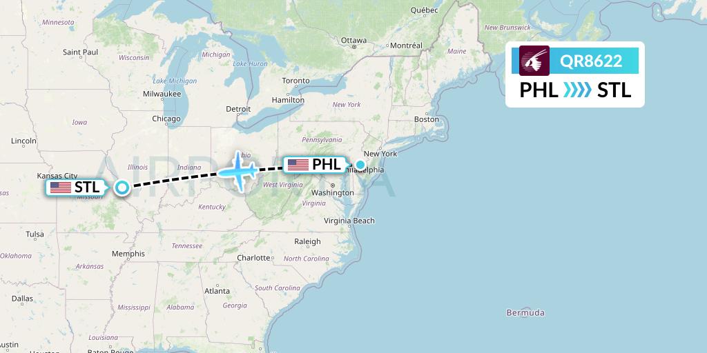 QR8622 Qatar Airways Flight Map: Philadelphia to St. Louis