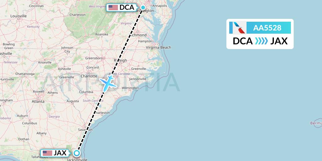 AA5528 American Airlines Flight Map: Washington to Jacksonville