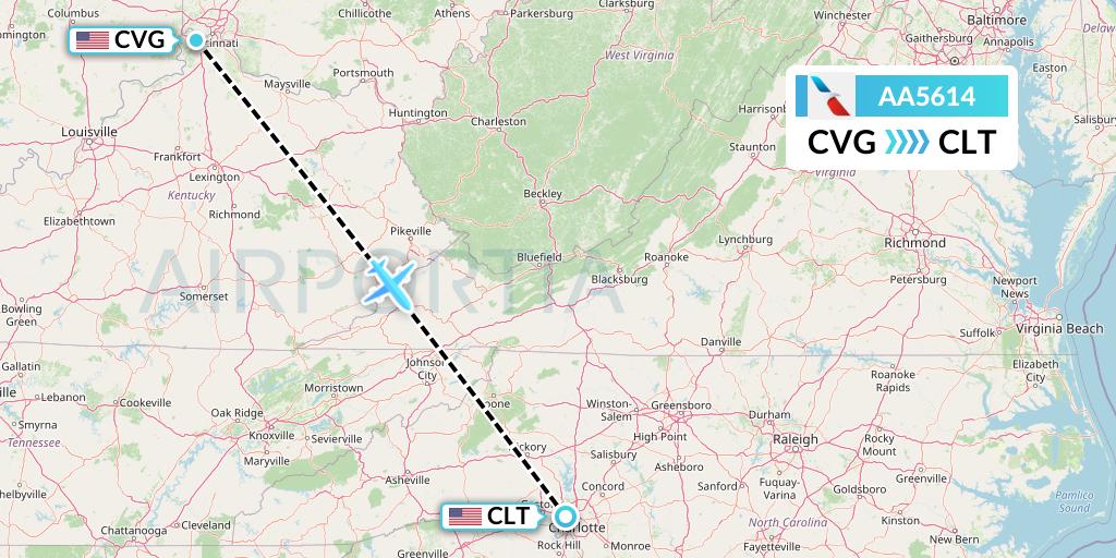 AA5614 American Airlines Flight Map: Cincinnati to Charlotte