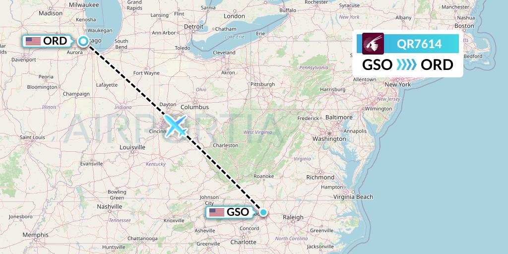 QR7614 Qatar Airways Flight Map: Greensboro to Chicago