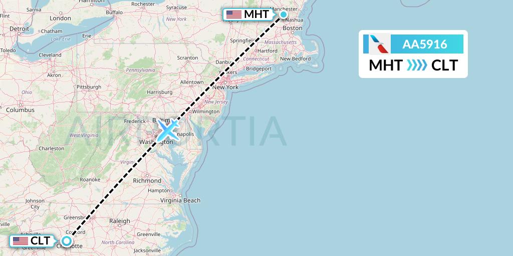 AA5916 American Airlines Flight Map: Manchester to Charlotte
