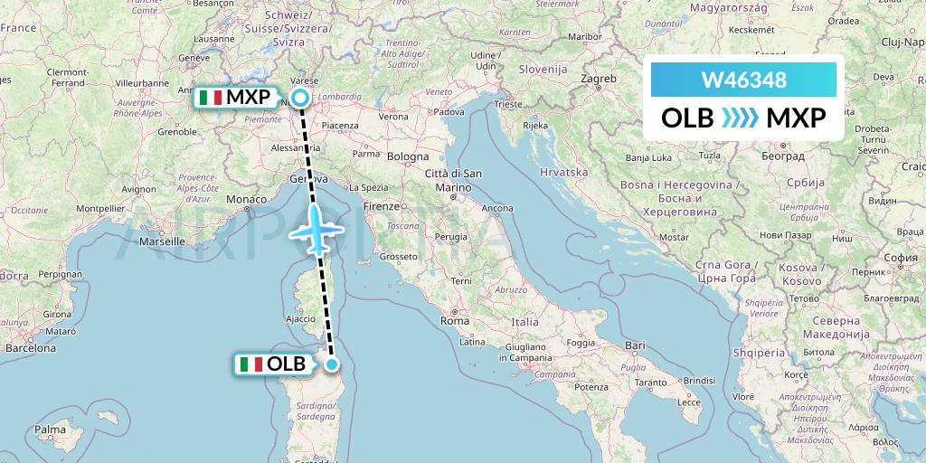 W46348 Wizz Air Malta Flight Map: Olbia to Milan