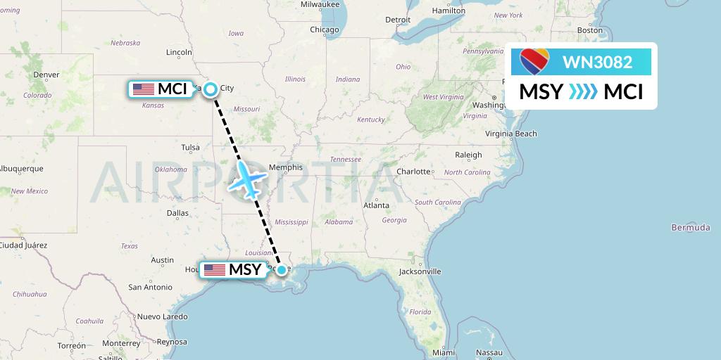 WN3082 Southwest Airlines Flight Map: New Orleans to Kansas City