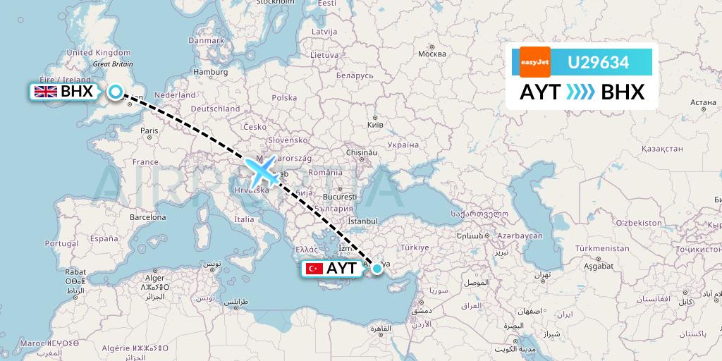 U29634 EasyJet Flight Map: Antalya to Birmingham