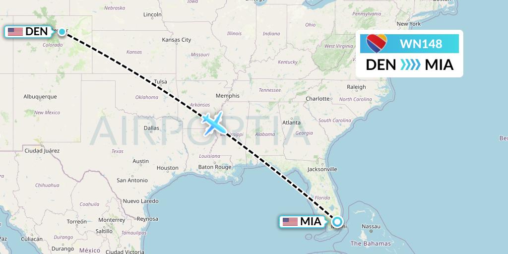 WN148 Southwest Airlines Flight Map: Denver to Miami