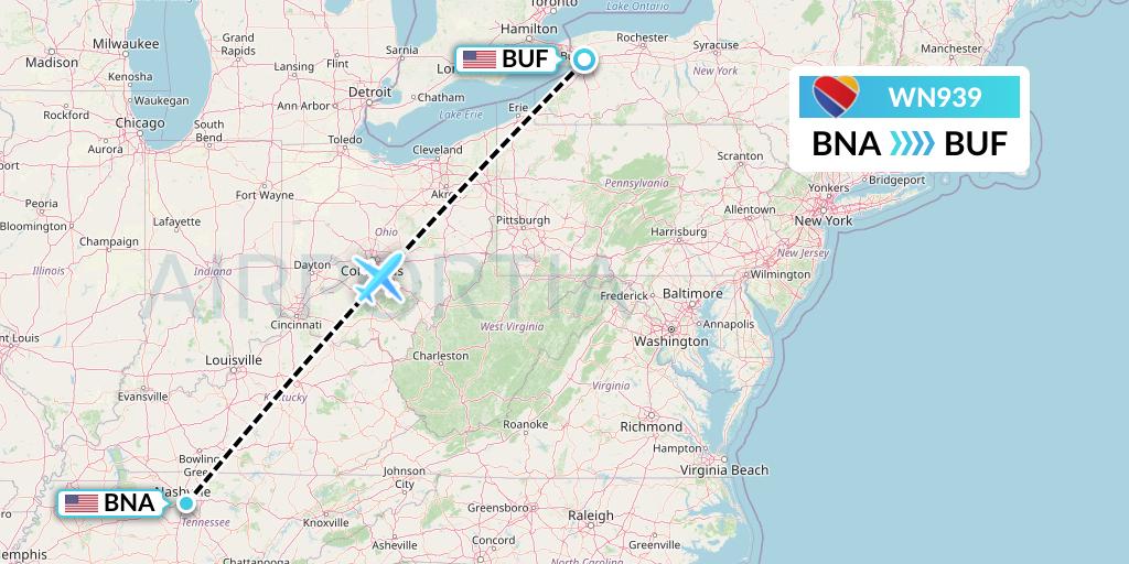 WN939 Southwest Airlines Flight Map: Nashville to Buffalo