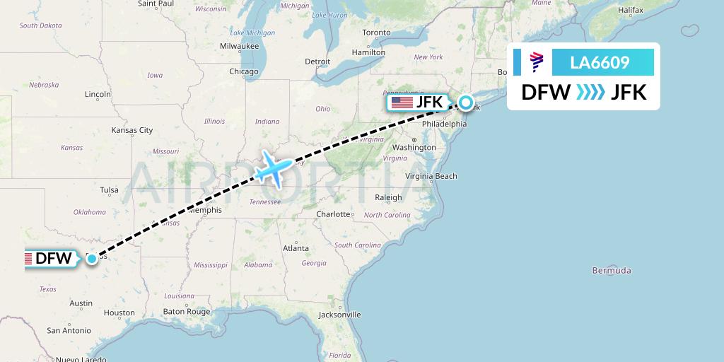 LA6609 LAN Airlines Flight Map: Dallas to New York