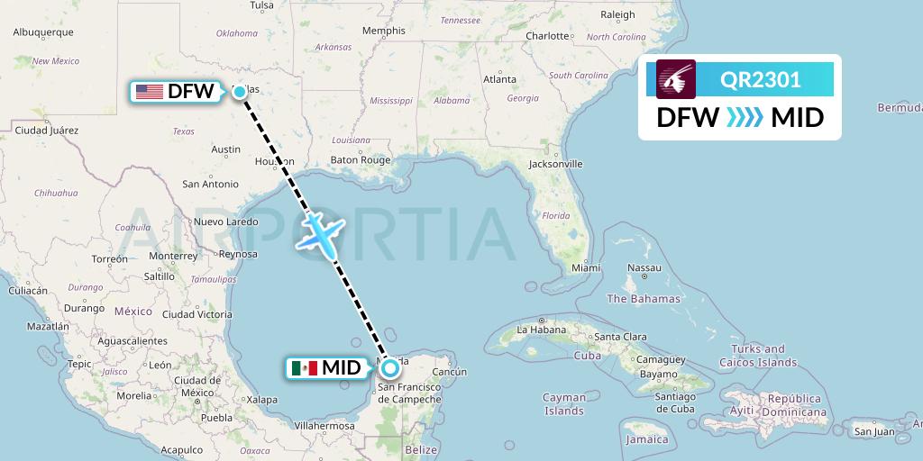QR2301 Qatar Airways Flight Map: Dallas to Merida
