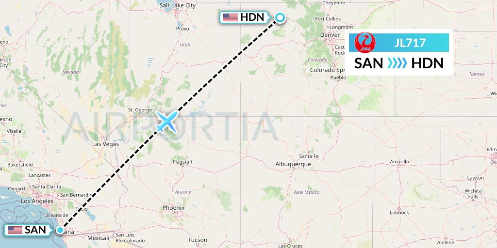 JL717 Japan Airlines Flight Map: San Diego to Hayden