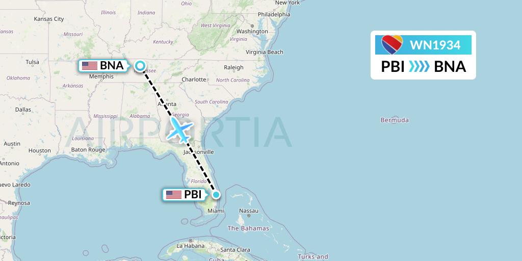 WN1934 Southwest Airlines Flight Map: West Palm Beach to Nashville