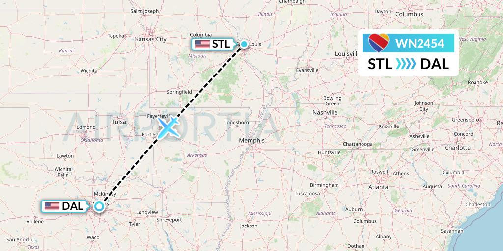 WN2454 Southwest Airlines Flight Map: St. Louis to Dallas