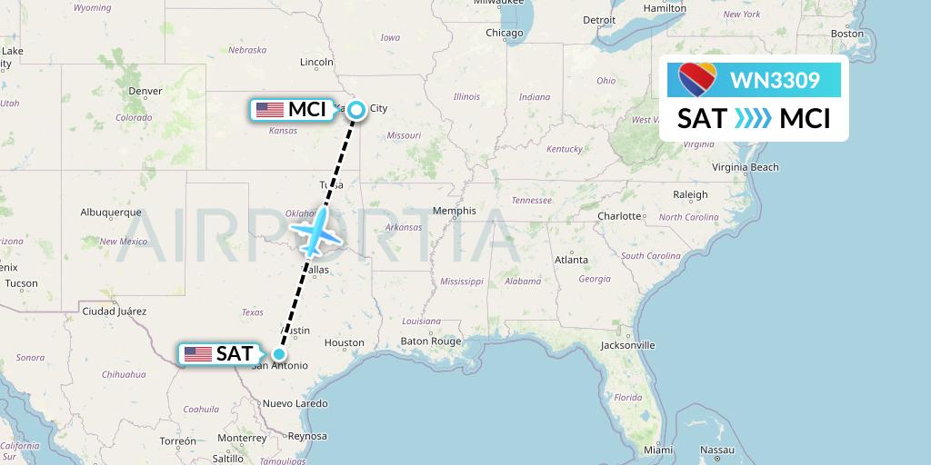WN3309 Southwest Airlines Flight Map: San Antonio to Kansas City