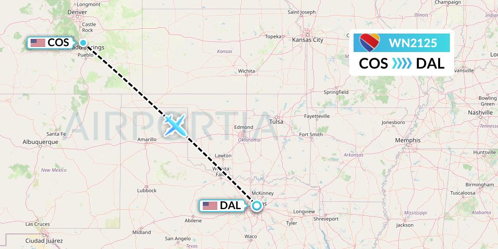 WN2125 Southwest Airlines Flight Map: Colorado Springs to Dallas