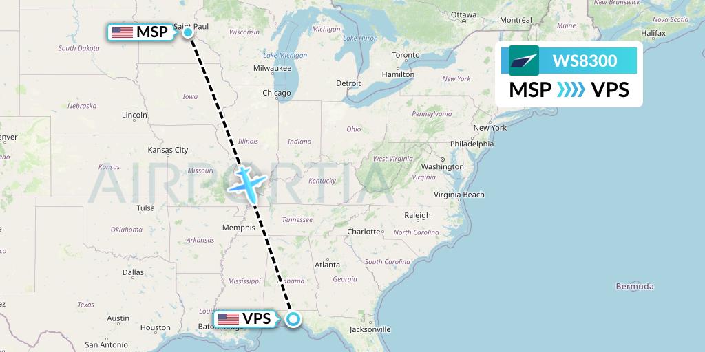 WS8300 WestJet Flight Map: Minneapolis to Valparaiso