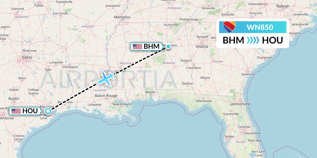 WN850 Southwest Airlines Flight Map: Birmingham to Houston