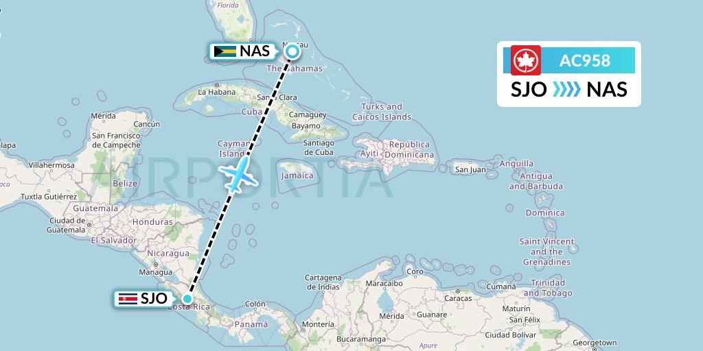 AC958 Air Canada Flight Map: San Jose to Nassau