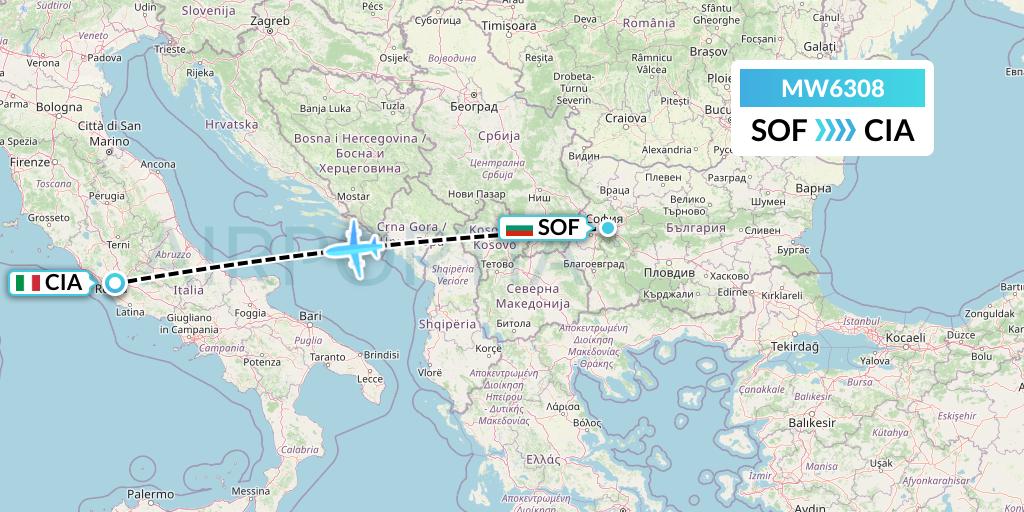 MW6308 Mokulele Flight Service Flight Map: Sofia to Rome