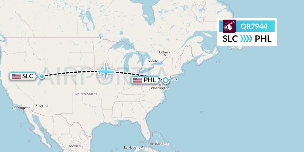 QR7944 Qatar Airways Flight Map: Salt Lake City to Philadelphia