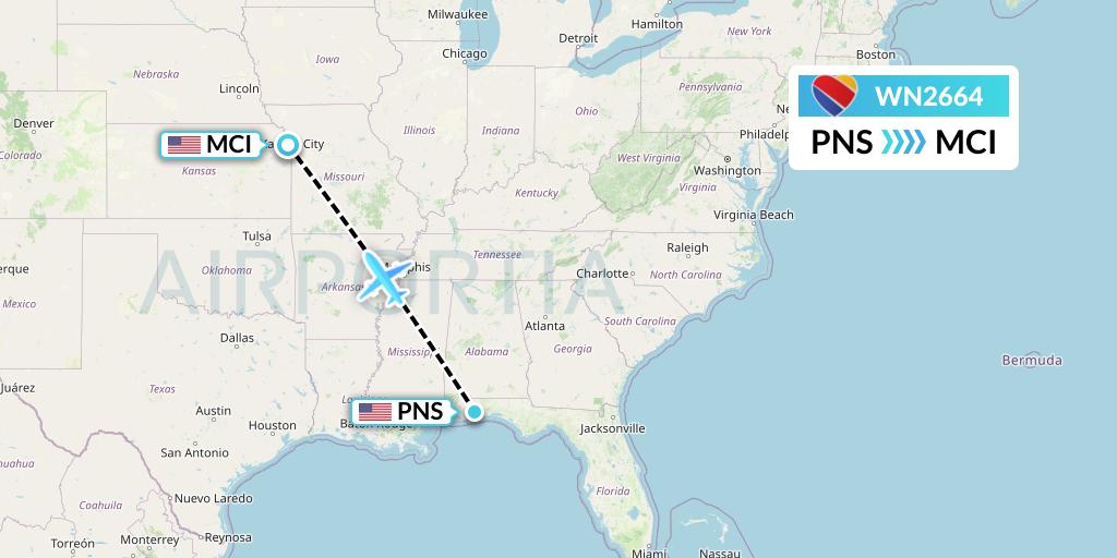WN2664 Southwest Airlines Flight Map: Pensacola to Kansas City