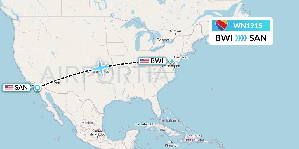 WN1915 Southwest Airlines Flight Map: Baltimore to San Diego