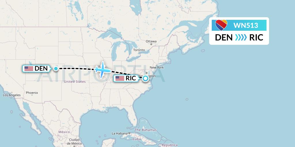 WN513 Southwest Airlines Flight Map: Denver to Richmond