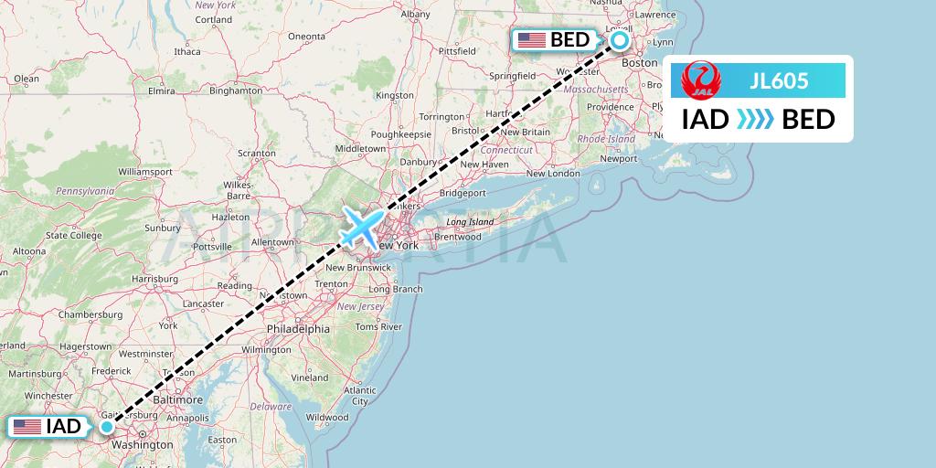 JL605 Japan Airlines Flight Map: Washington to Bedford