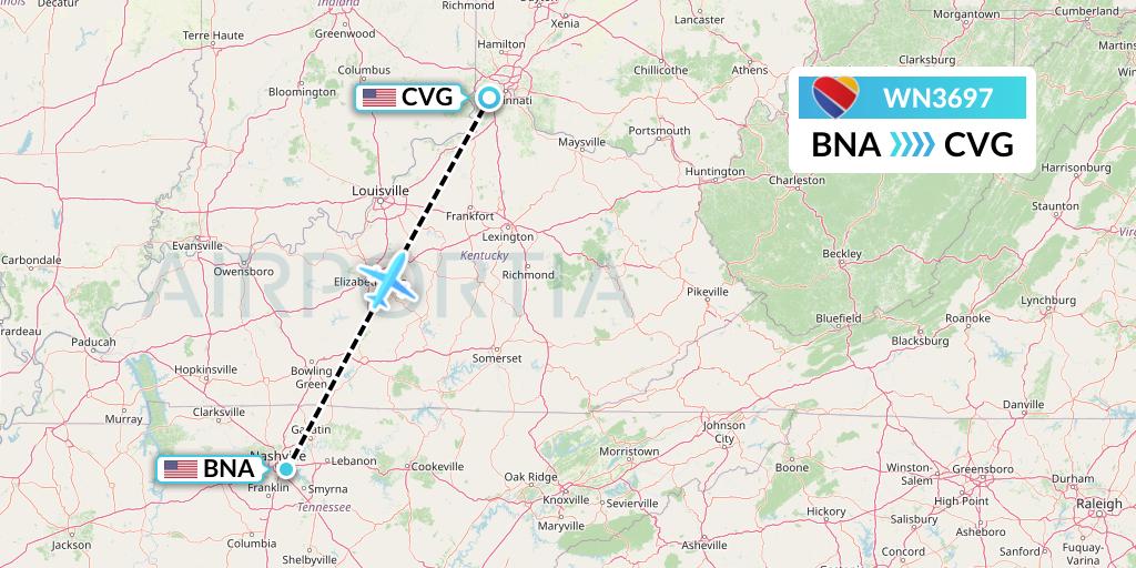WN3697 Southwest Airlines Flight Map: Nashville to Cincinnati