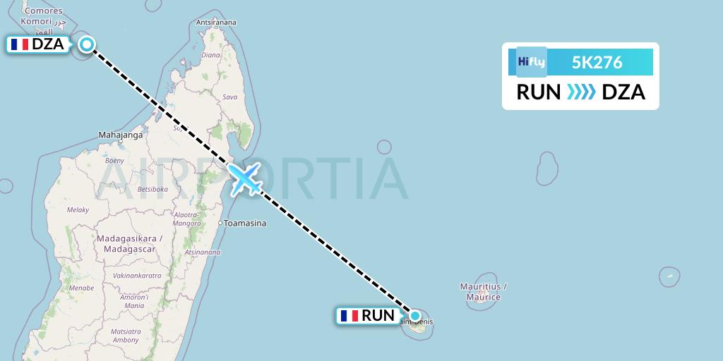 5K276 Hi Fly Flight Map: Saint-Denis to Dzaoudzi