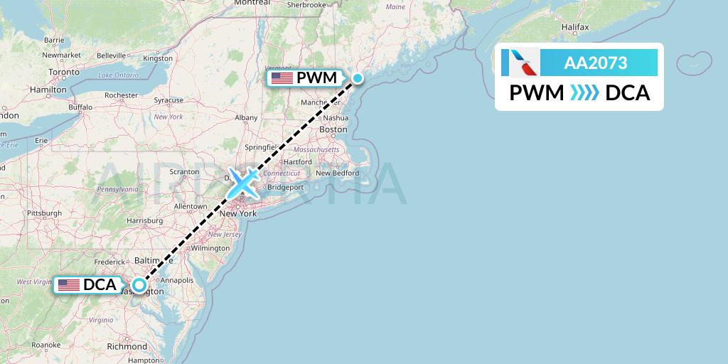 AA2073 American Airlines Flight Map: Portland to Washington