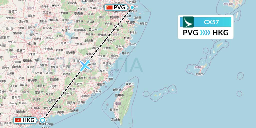 CX57 Cathay Pacific Flight Map: Shanghai to Hong Kong