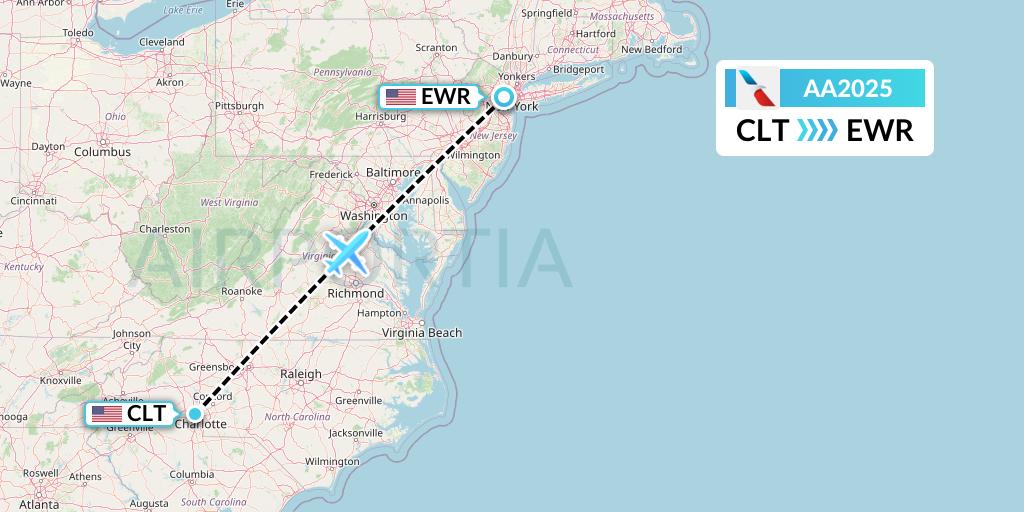 AA2025 American Airlines Flight Map: Charlotte to New York