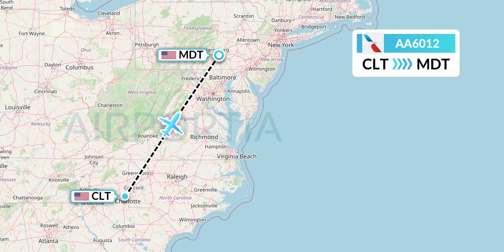 AA6012 American Airlines Flight Map: Charlotte to Harrisburg