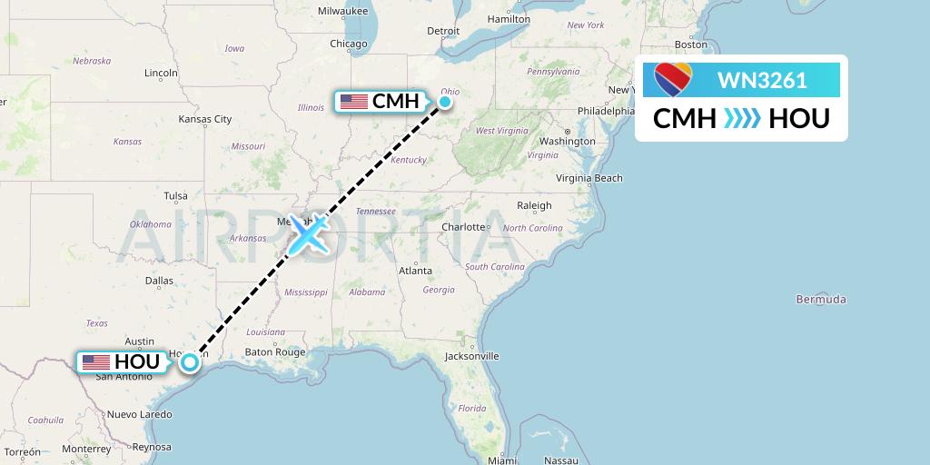 WN3261 Southwest Airlines Flight Map: Columbus to Houston