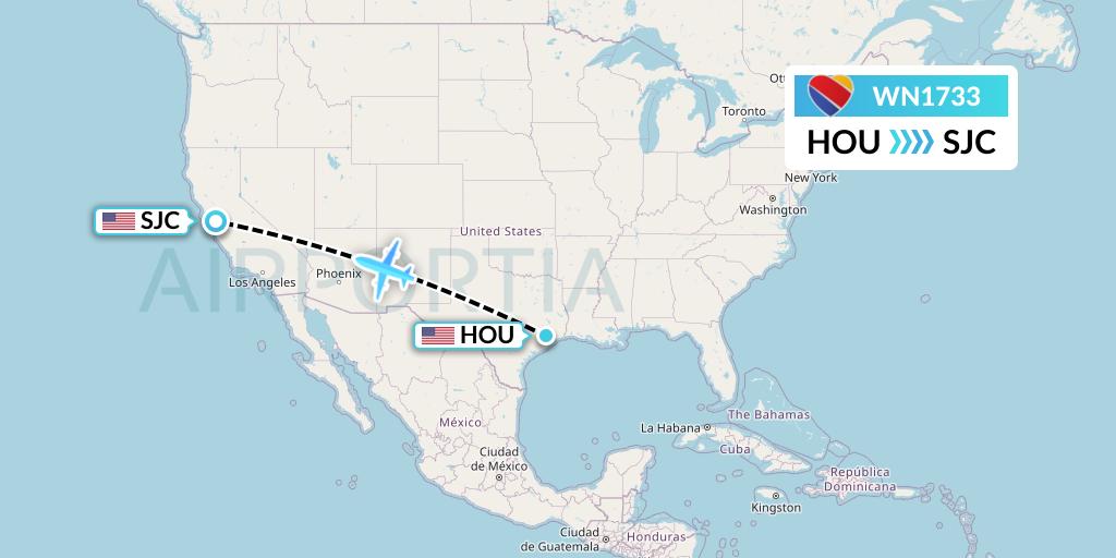 WN1733 Southwest Airlines Flight Map: Houston to San Jose