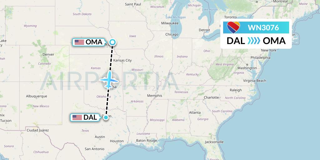 WN3076 Southwest Airlines Flight Map: Dallas to Omaha