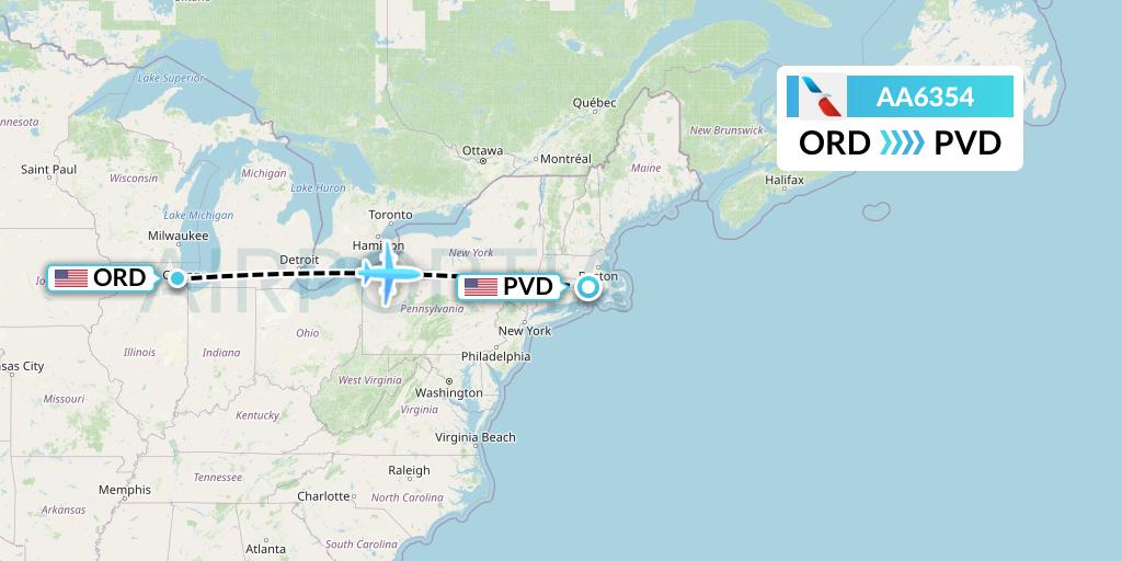 AA6354 American Airlines Flight Map: Chicago to Providence