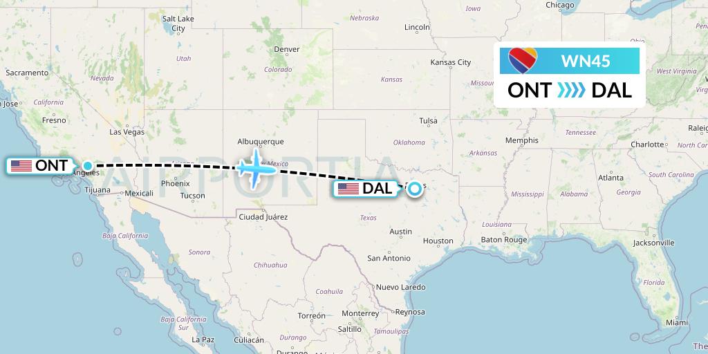 WN45 Southwest Airlines Flight Map: Ontario to Dallas