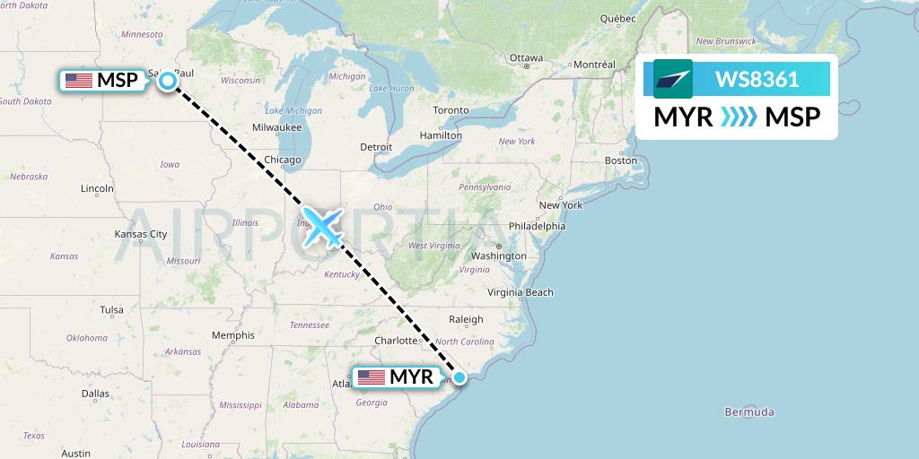 WS8361 WestJet Flight Map: Myrtle Beach to Minneapolis
