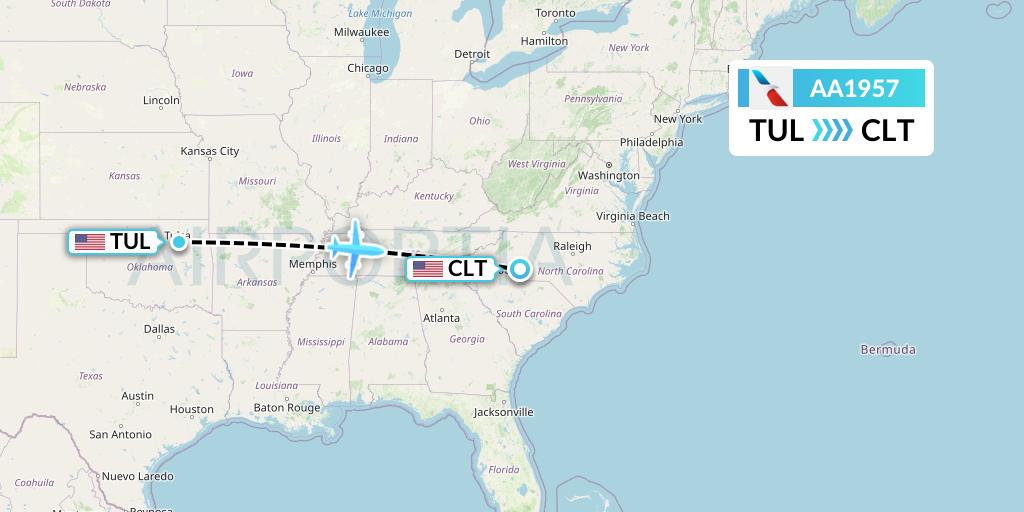 AA1957 American Airlines Flight Map: Tulsa to Charlotte