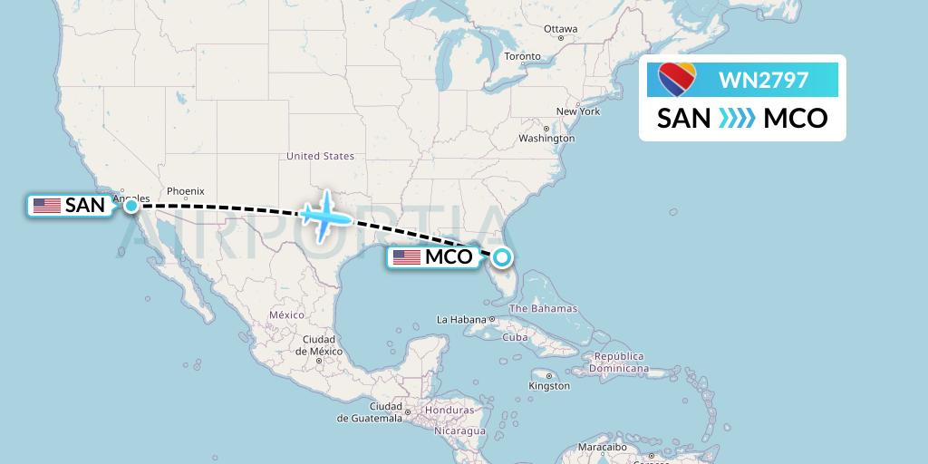 WN2797 Southwest Airlines Flight Map: San Diego to Orlando