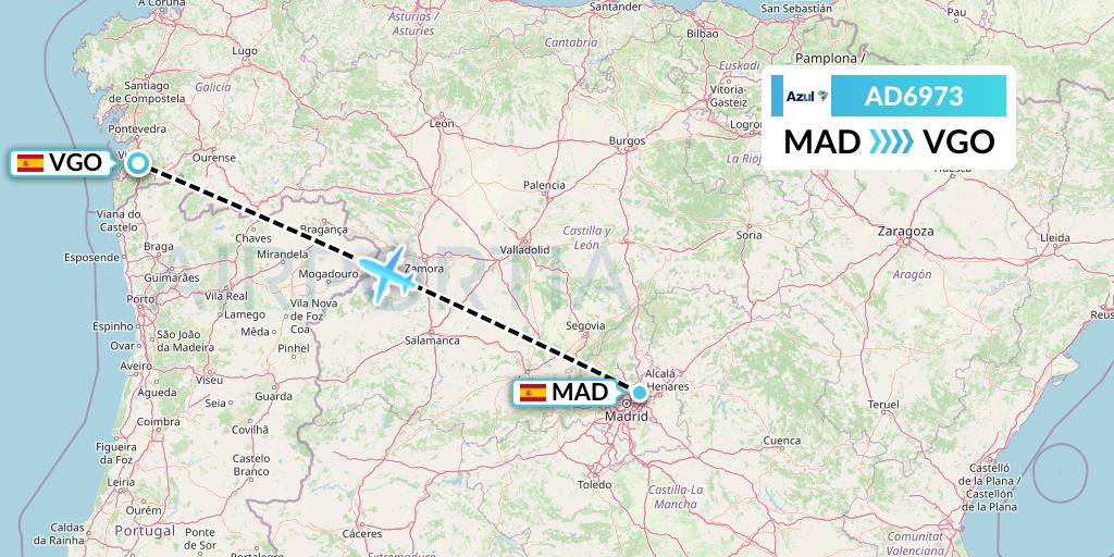 AD6973 Azul Brazilian Airlines Flight Map: Madrid to Vigo